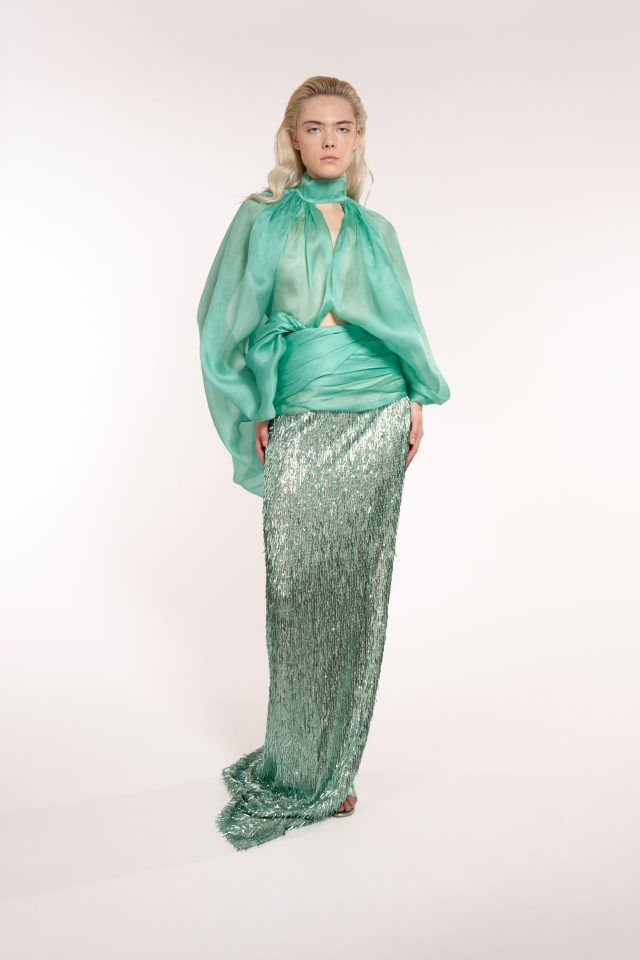Long Beads Skirt With Split And Draped Waistband