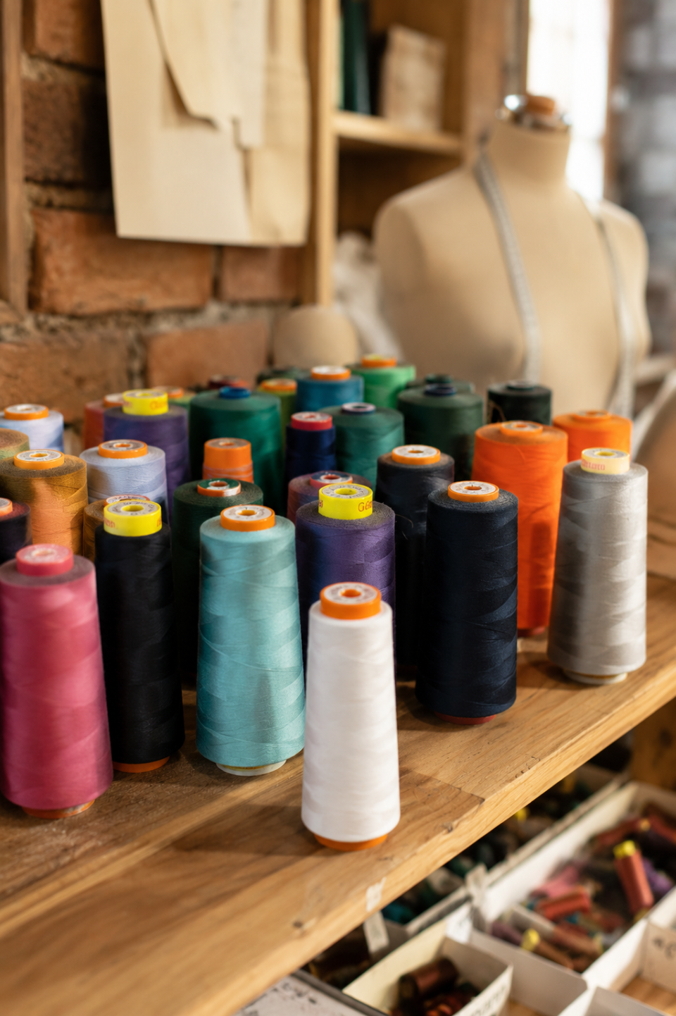 Spools of coloured thread on a workbench